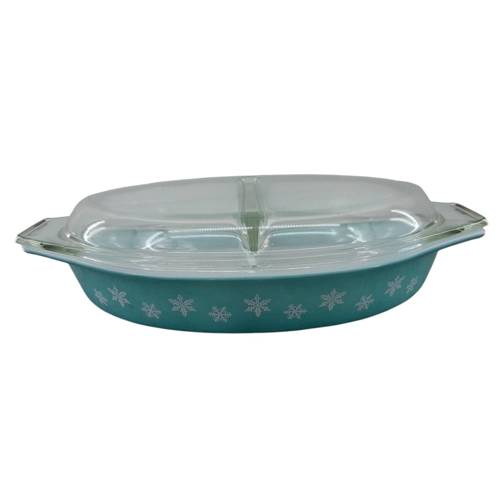 Vintage PYREX 1.5 qt Divided Turquoise Snowflake Oval Casserole Dish with Lid